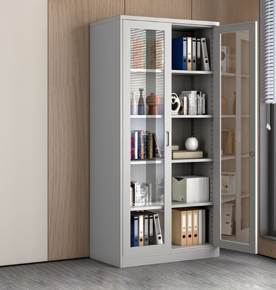 Steel bookcase cabinet with hinged glass doors and adjustable shelves - Gemelli Collection