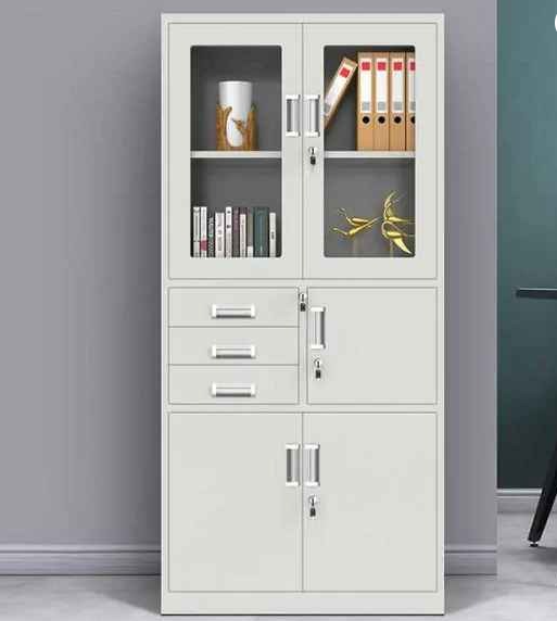 Steel combination cabinet with glass doors, storage drawers and lockable compartments - Gemelli Collection
