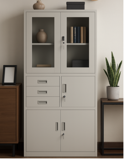 Steel Combination Cabinet with Glass Doors, Drawers and Storage Compartments