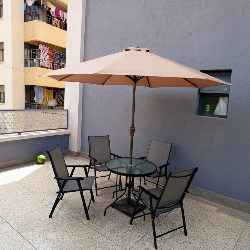 6pc Bistro Set 4 Chairs, Glass Table & Umbrella