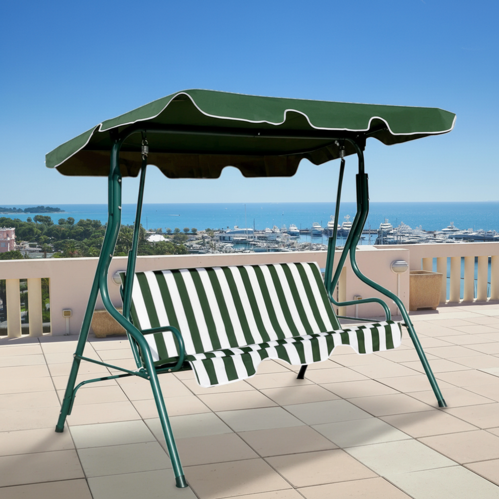 3 Seat Garden Swing Chair with Canopy Green & White Candy Stripe