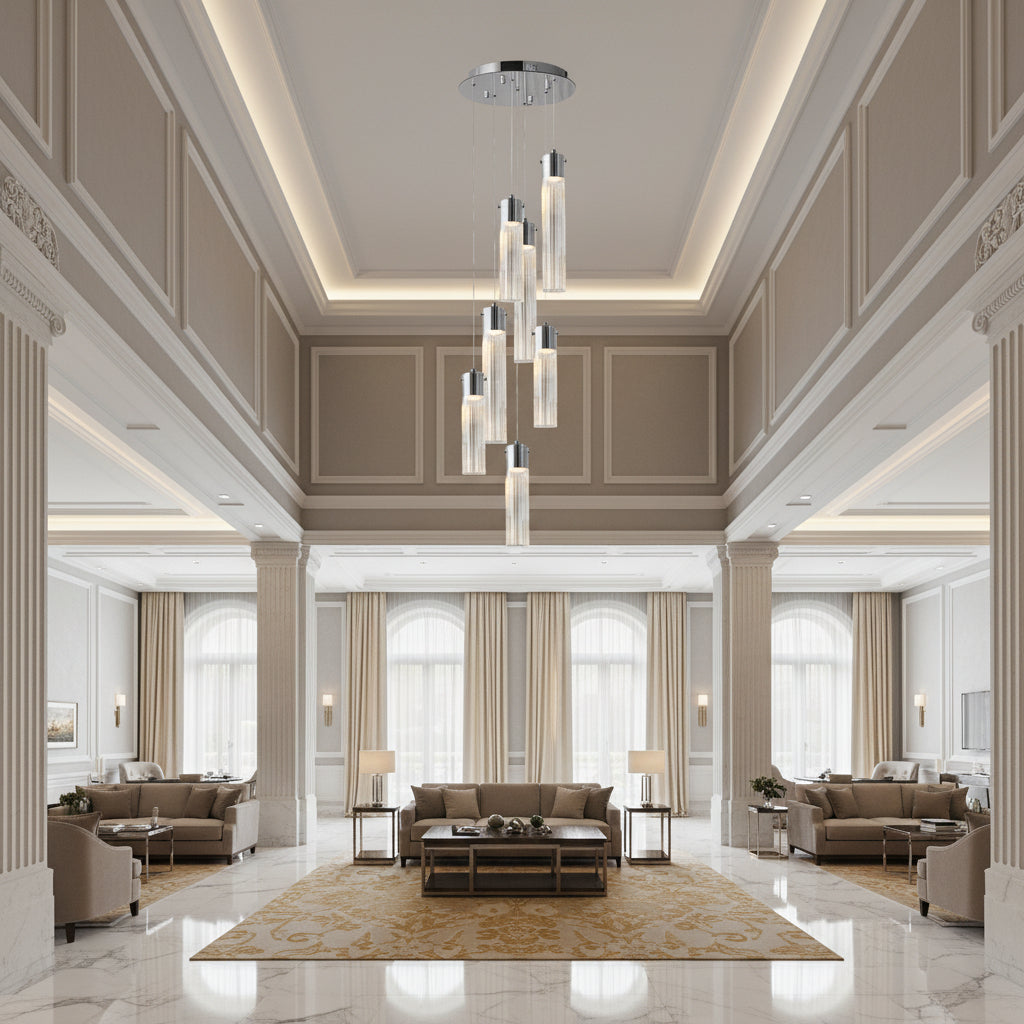 Glass cylinder 7-lamp pendant chandelier with chrome frame, tri-color accents, model WH 2024-0507-13-TC