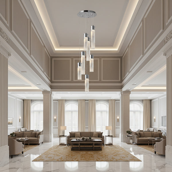 Glass cylinder 7-lamp pendant chandelier with chrome frame, tri-color accents, model WH 2024-0507-13-TC