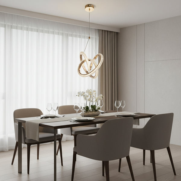 Gemelli Collection Golden LED Pendant Light, 40W, tri-color adjustable, interlocking rings, aluminum and acrylic, 290mm width × 1100mm max height