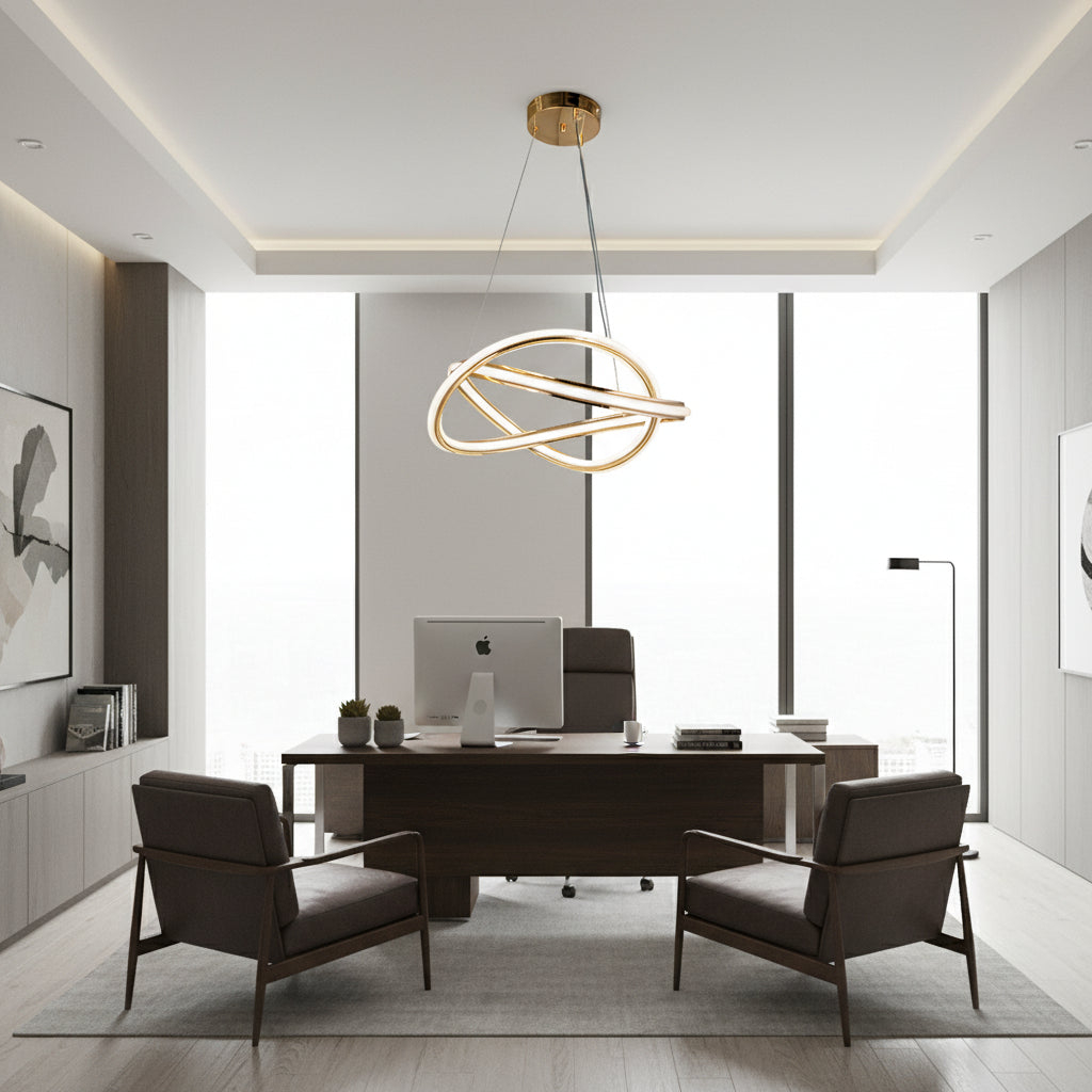 Gemelli Collection Golden Interloop Chandelier, 100W LED, adjustable 3000K–6000K, aluminum and silica, diameter 430mm, height up to 1000mm