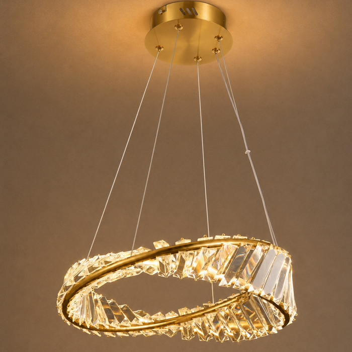 Gold crystal ring pendant light with tri-colour 32W LED lighting, intertwined ring design, and clear crystal accents for dining rooms, living rooms, hotels, reception areas, and modern interior lighting WH 2603-GO-TC - Gemelli Collection