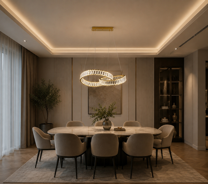 Gold interlocking crystal ring LED pendant light with tri-colour 30W lighting, clear crystal accents, and modern chandelier design for dining rooms, living rooms, hotels, reception areas, and contemporary interiors WH 2606-GO-TC - Gemelli Collection