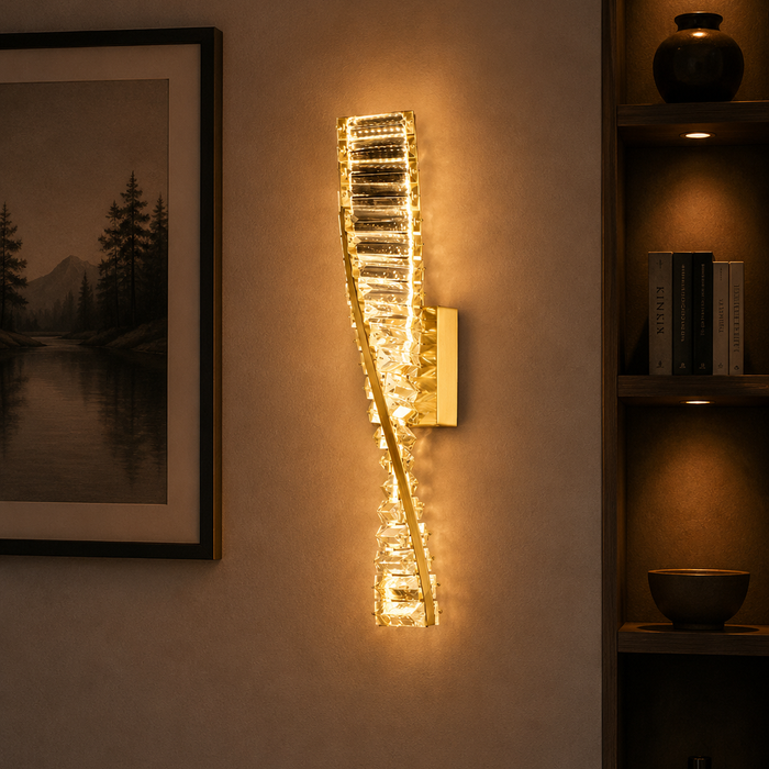 Gold twisted crystal 10W LED wall sconce with tri-colour lighting and spiral design for bedrooms, hallways, hotels, and feature walls WH 2616-01-GO-TC - Gemelli Collection