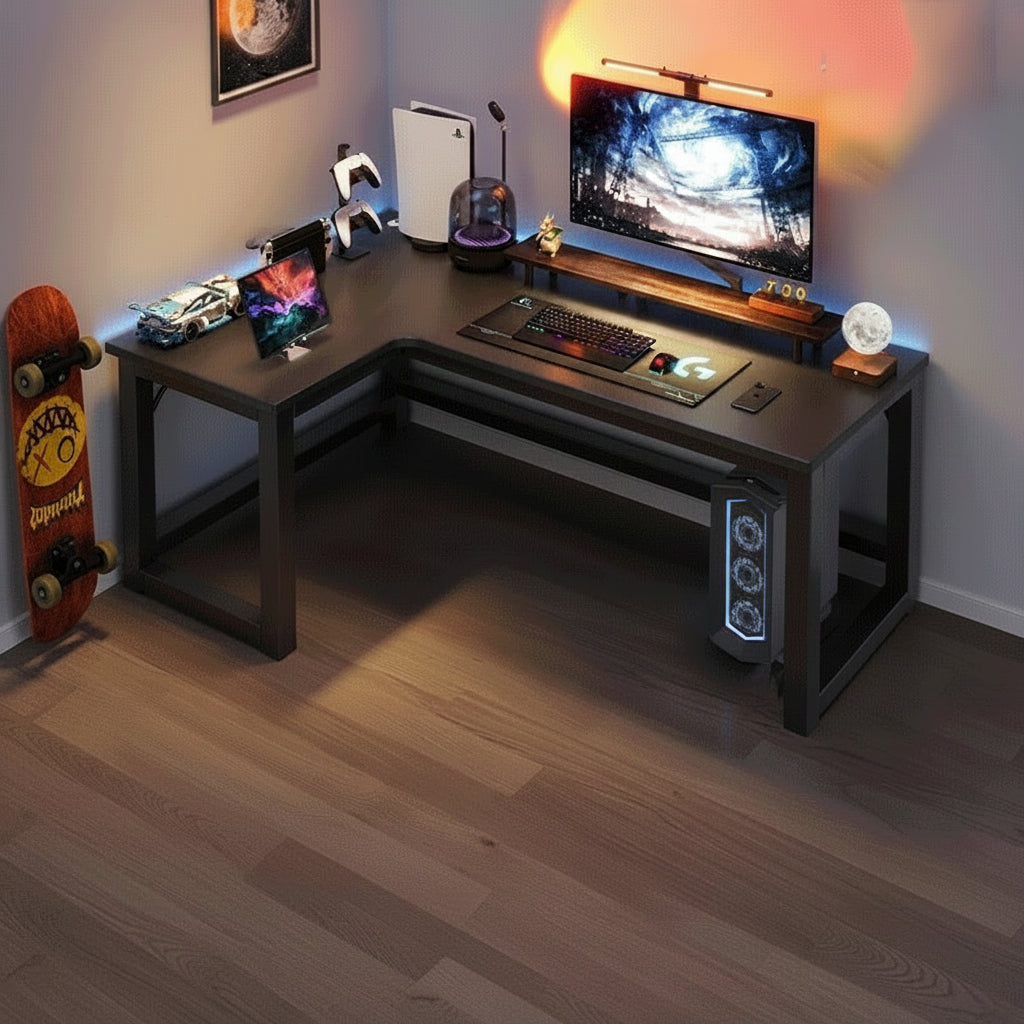 Gemelli Collections L-shaped black computer and gaming desk with 160cm main desk, 100cm return, 60cm depth and 75cm height