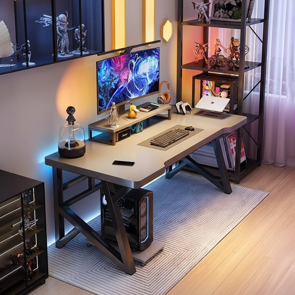 Gemelli Collections rectangular computer and gaming desk with light woodgrain top and black cross metal legs 100cm x 60cm x 75cm