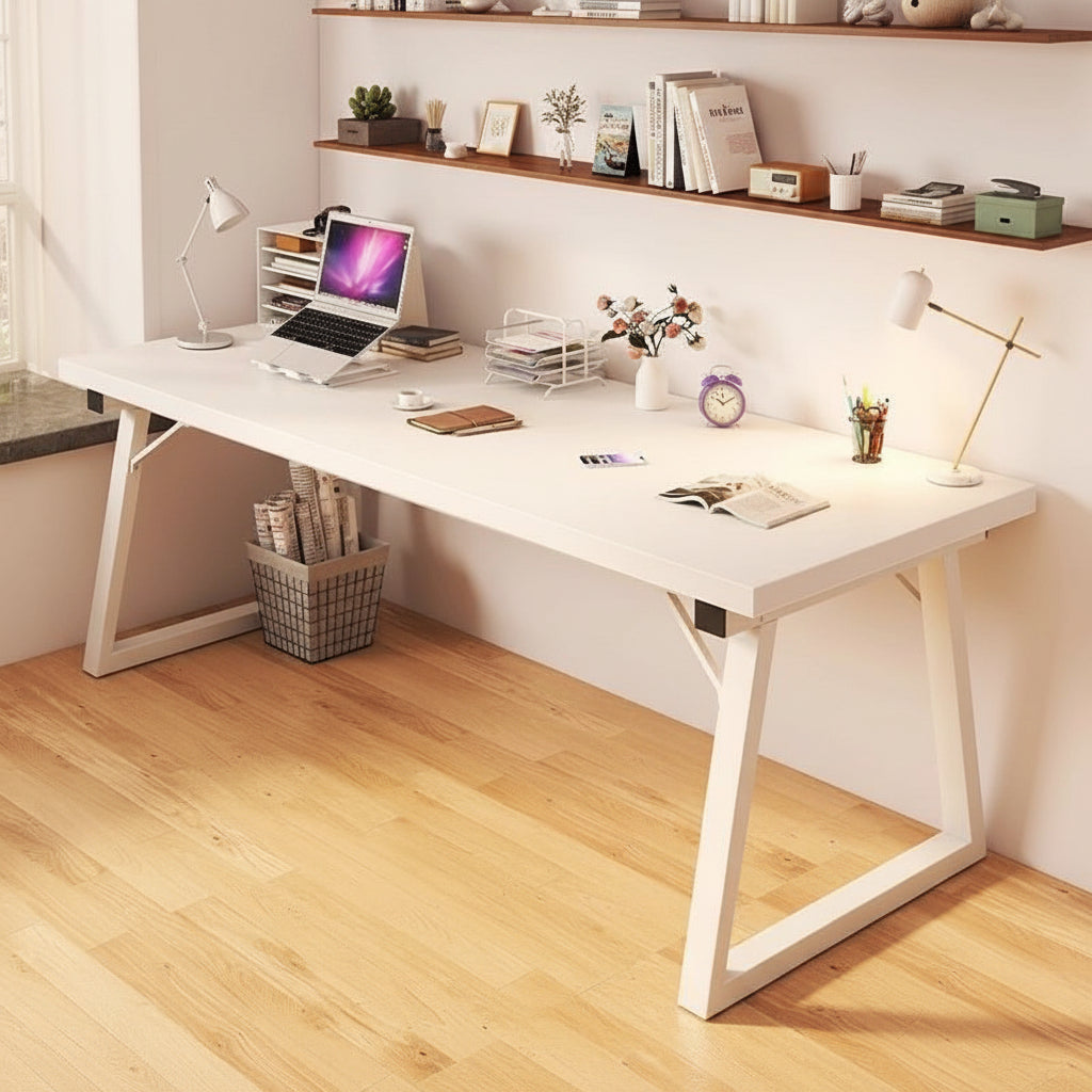 Gemelli Collections white home office and study desk with thick tabletop and metal frame measuring 140cm x 60cm x 76cm