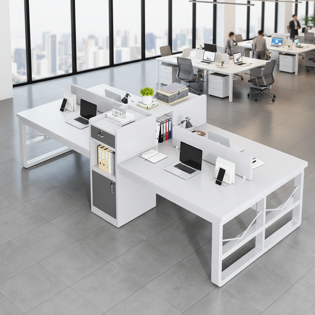 Gemelli Collections four person workspace unit measuring 270cm length, 120cm width and 112cm height for office and collaborative work environments