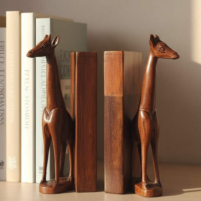 Decorative giraffe-shaped bookend holding books on a shelf.