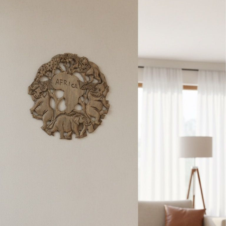 34cm hand-carved wooden African wall art with detailed traditional patterns.