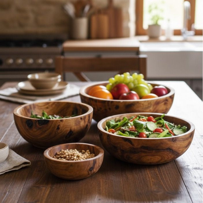 handcrafted wooden bowls in sizes 30cm, 24cm, and 10cm with smooth natural finish.
