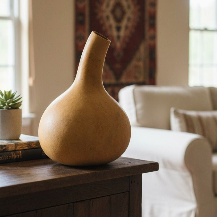 Handcrafted brown African calabash with a slightly curved neck, ideal for home décor or serving traditional beverages.