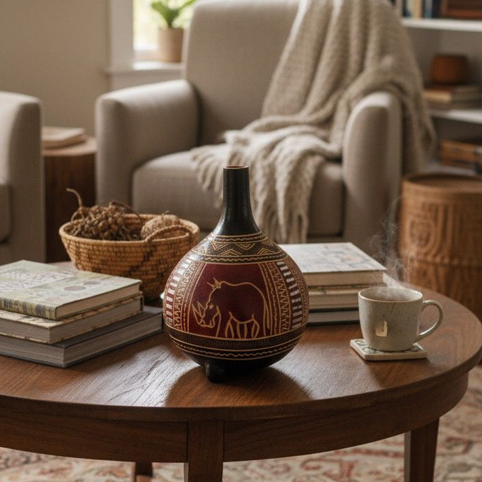 Handcrafted African calabash with black neck, available in medium and large sizes, ideal for décor or serving traditional liquids.