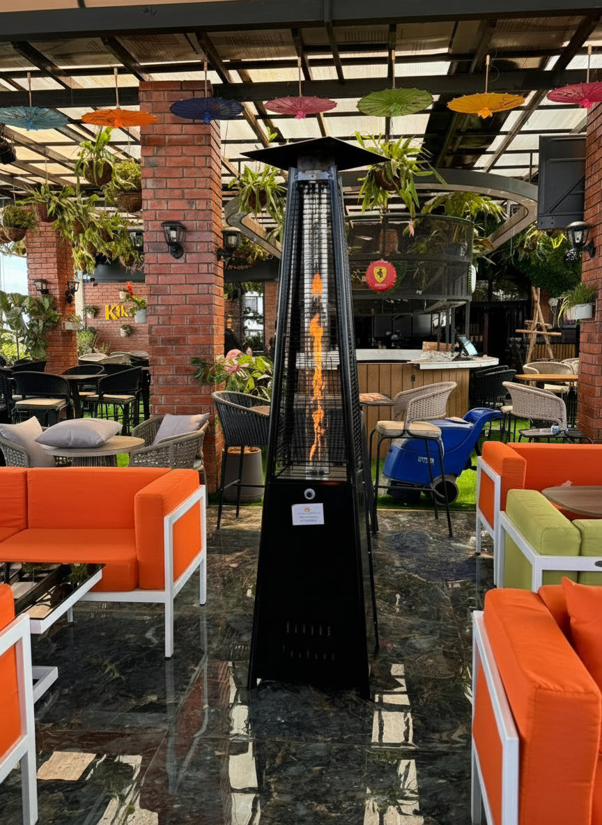 Stainless steel outdoor patio heater with quartz glass flame tube and 9500W heat output.