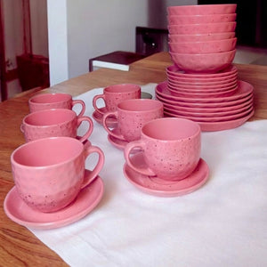 30 Piece Pink Speckled Ceramic Dinner Set with Tea Cups and Saucers