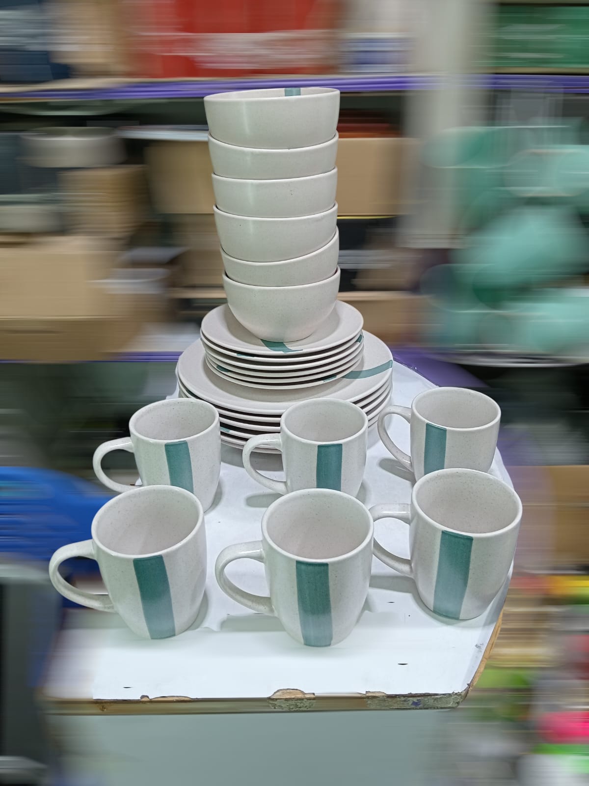 24 Piece White Dinner Set with Teal Green Striped Pattern