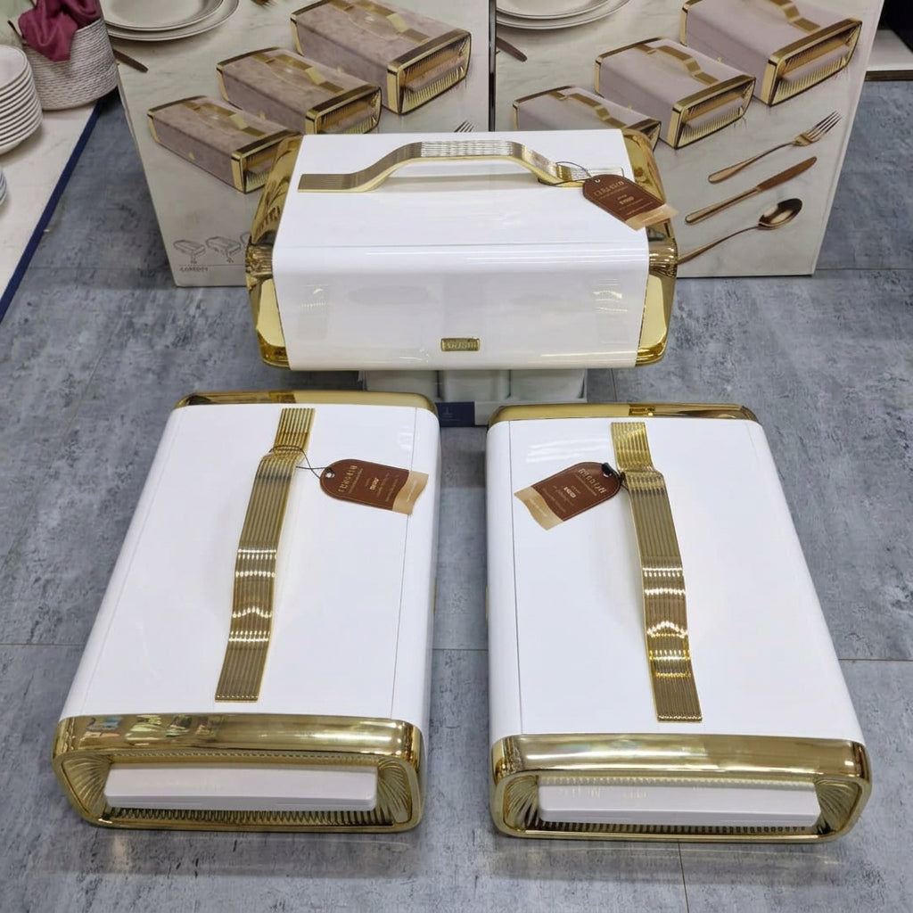 3 Piece Insulated Stainless Steel Food Warmer Set with Gold handles