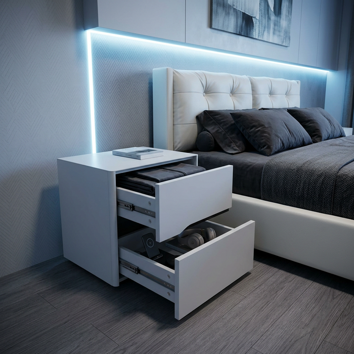 White Bedside Table with 2 Handle-Free Drawers 48x40x50cm