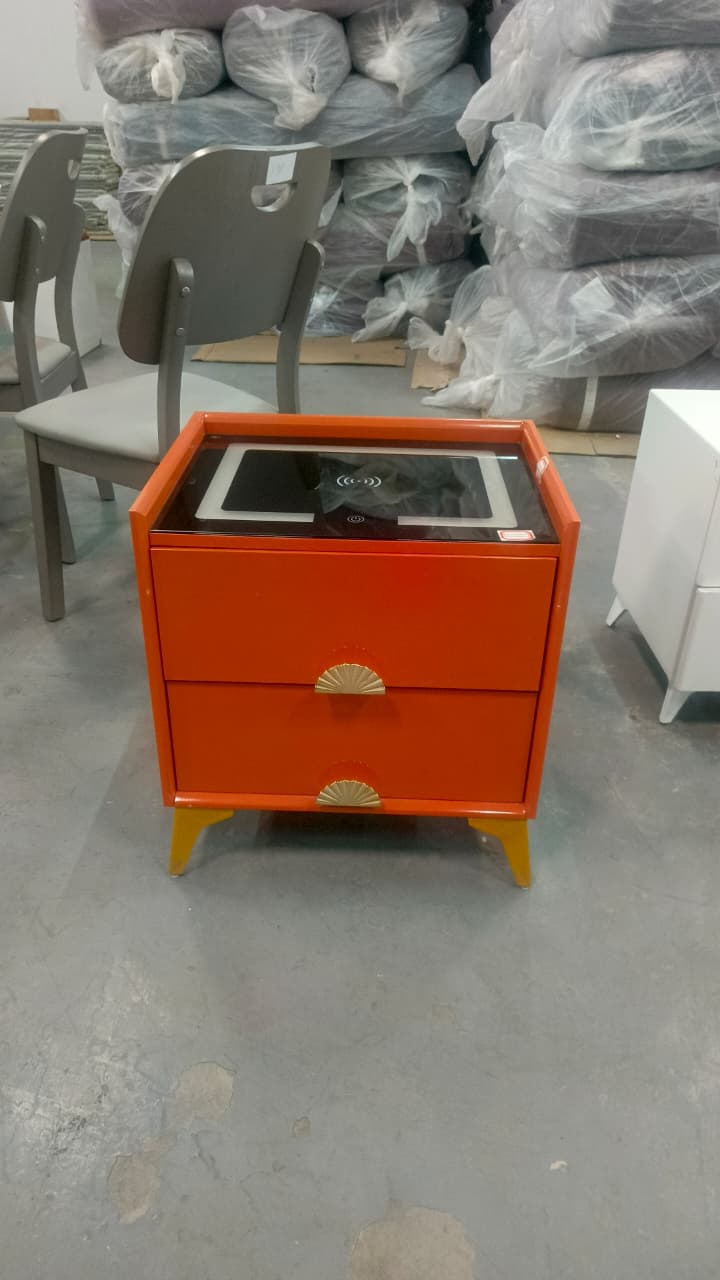 High Gloss Bedside Table with Wireless Charging Glass Top 2 Drawers