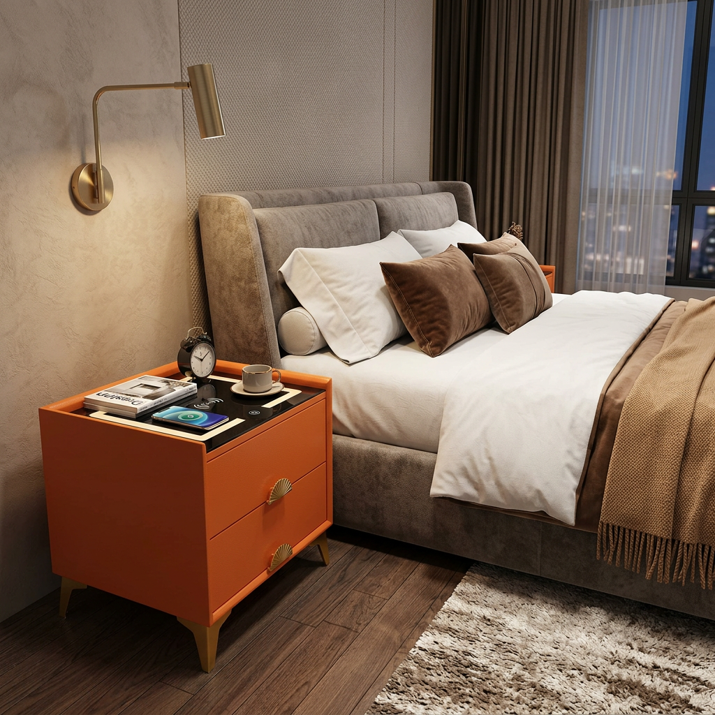 High Gloss Bedside Table with Wireless Charging Glass Top 2 Drawers