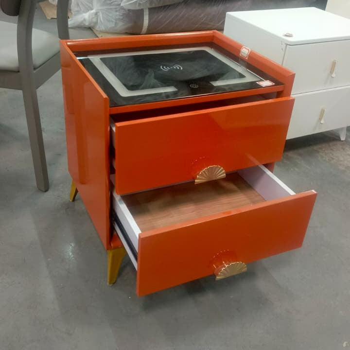 High Gloss Bedside Table with Wireless Charging Glass Top 2 Drawers