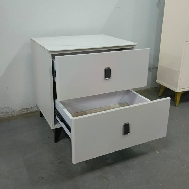 Cream Bedside Table with Two Drawers and Marble Effect Stone Top 48x40x50cm