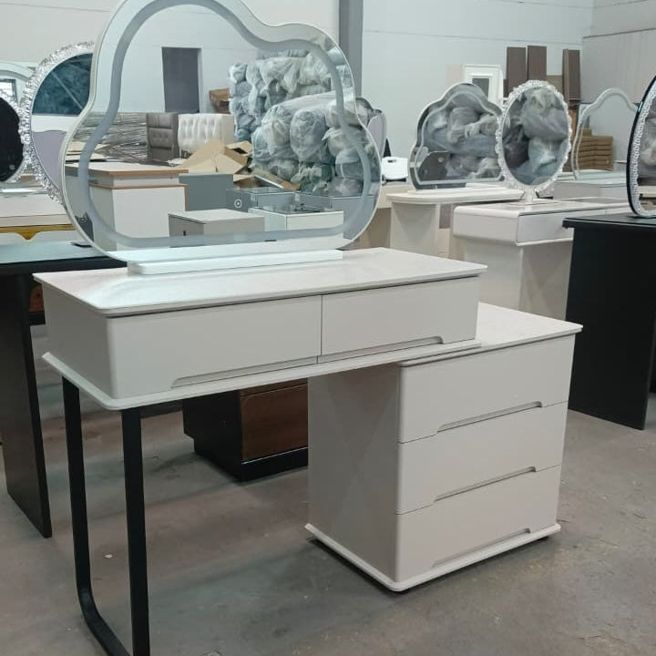 White Wooden Bedside Table with Two Drawers and Black Knobs 50x45x35cm