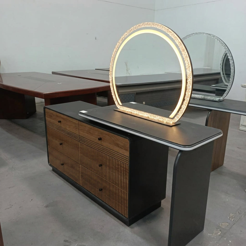 Walnut and Black Dressing Table with Arch LED Mirror and Extending Top