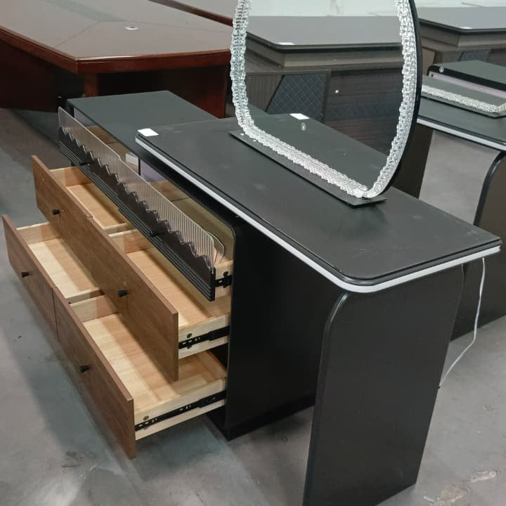Walnut and Black Dressing Table with Arch LED Mirror and Extending Top