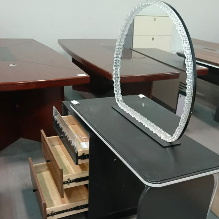 Walnut and Black Dressing Table with Arch LED Mirror and Extending Top