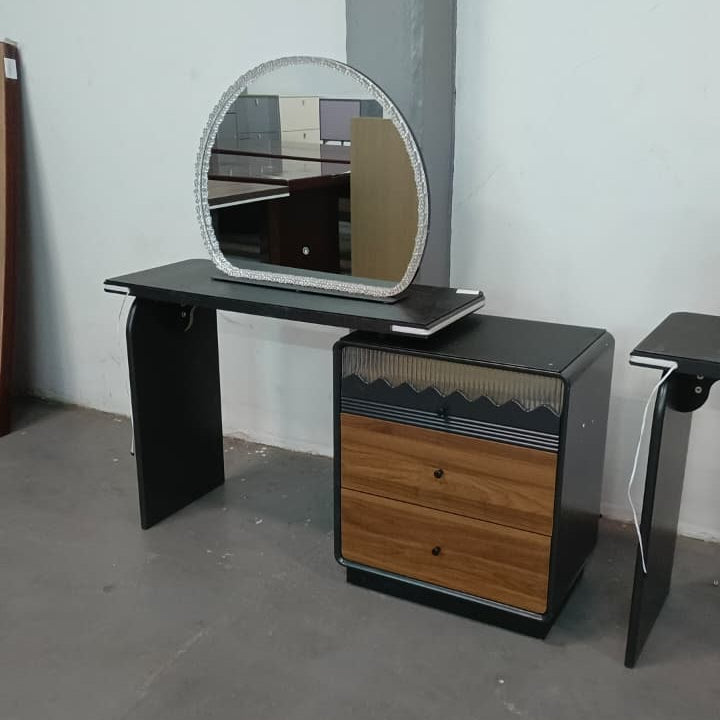 Walnut and Black Dressing Table with Arch LED Mirror and Extending Top