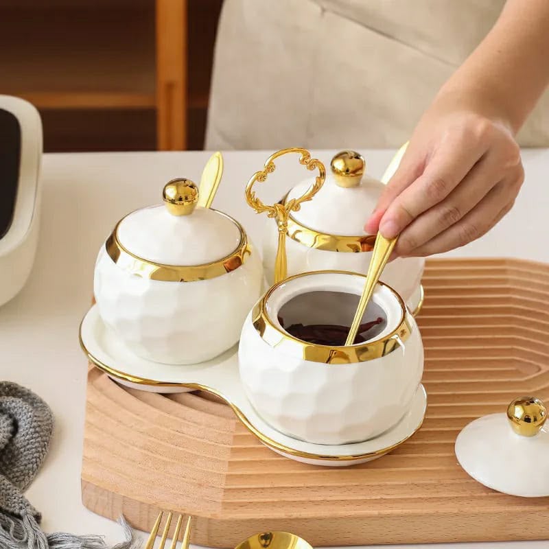 3-Piece White Ceramic Sugar, Tea and Coffee Canister Set with Stand