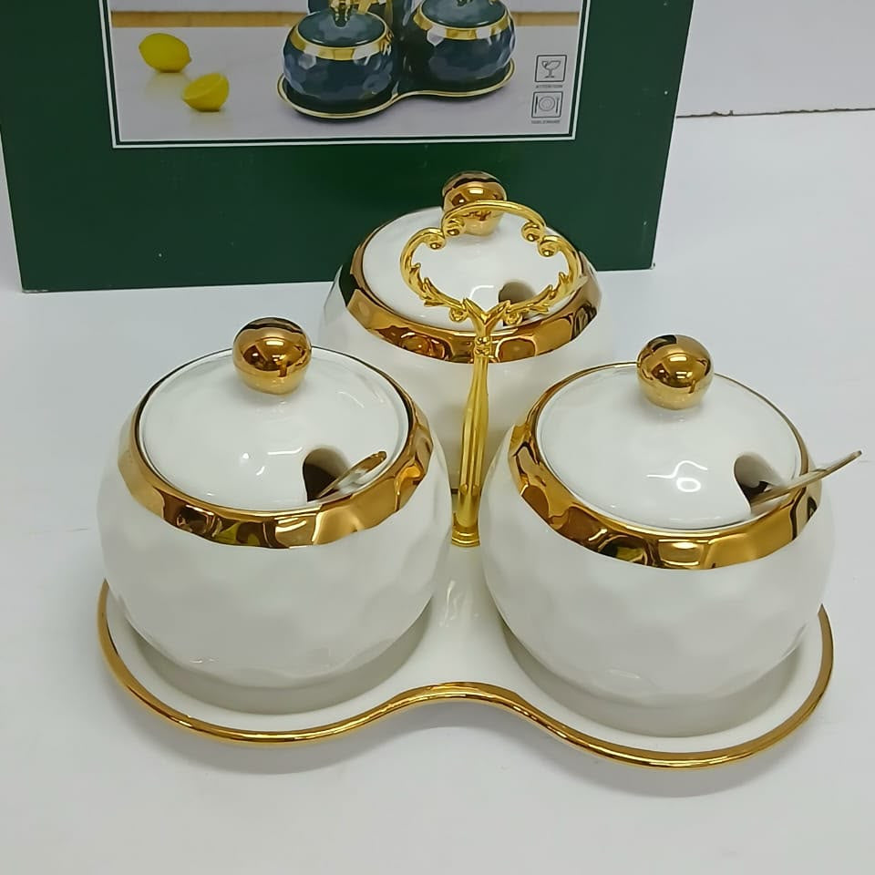 3-Piece White Ceramic Sugar, Tea and Coffee Canister Set with Stand