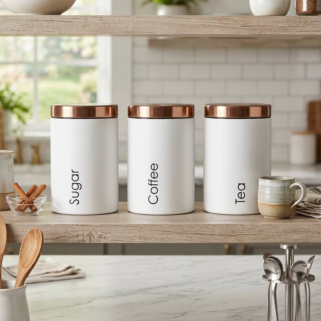 Metal Sugar, Tea and Coffee Canisters in Black or White
