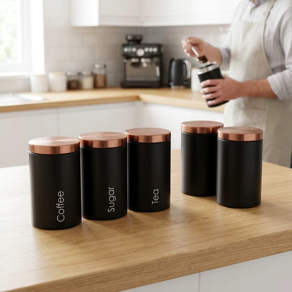 Metal Sugar, Tea and Coffee Canisters in Black or White