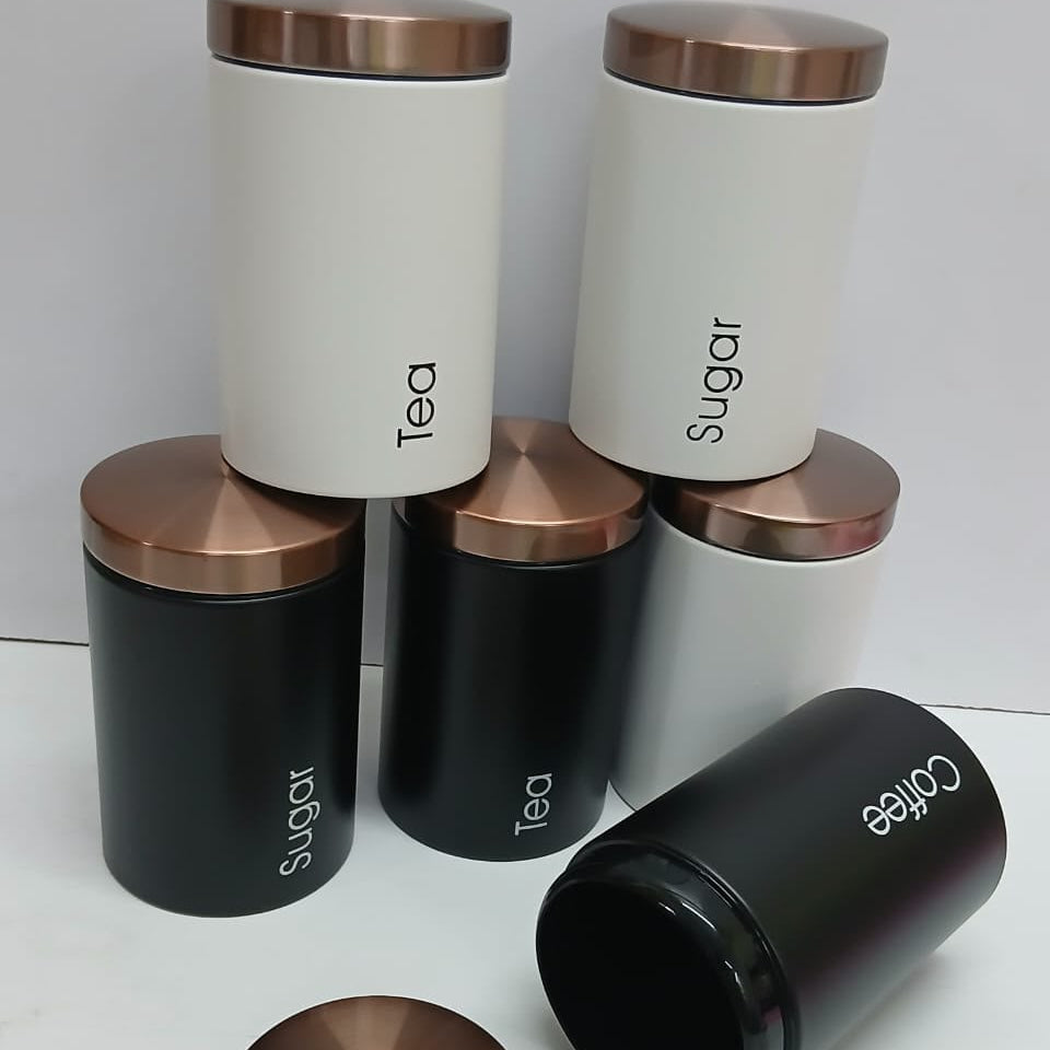 Metal Sugar, Tea and Coffee Canisters in Black or White