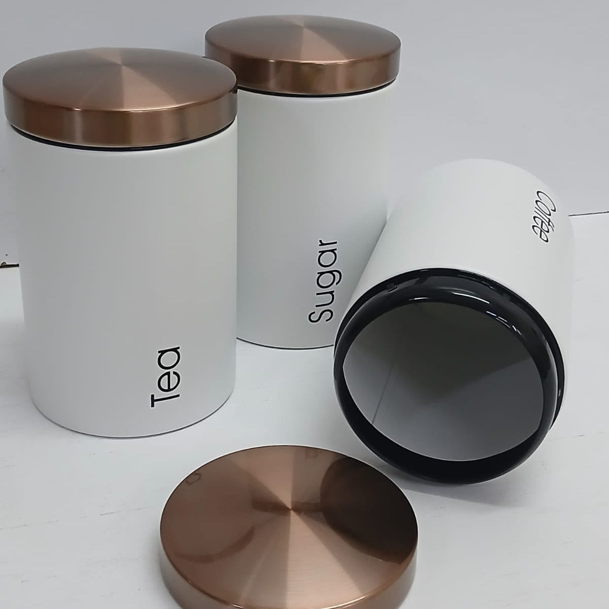 Metal Sugar, Tea and Coffee Canisters in Black or White