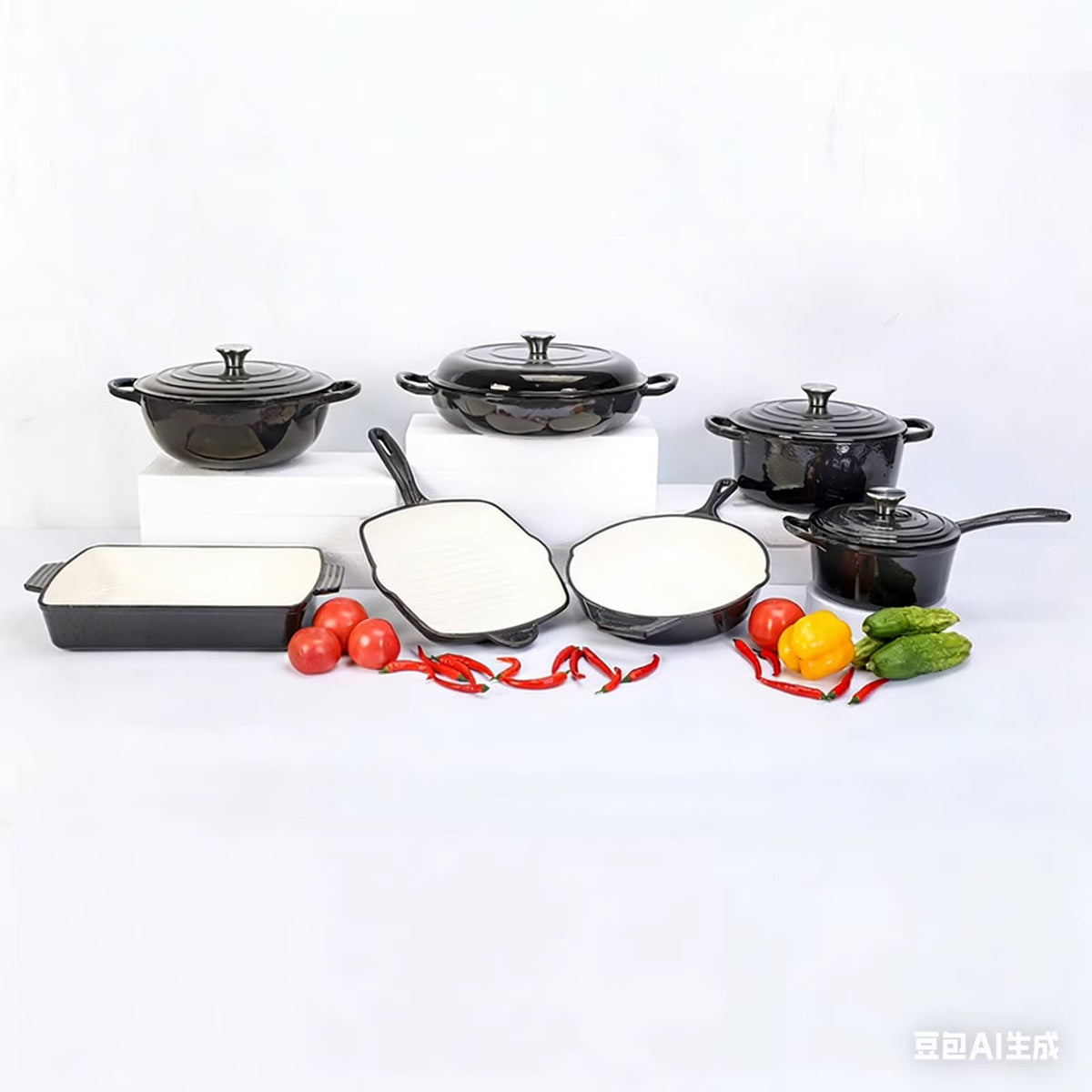 11PCS Enamel Cast Iron Cookware Set with Casserole Pots and Pans