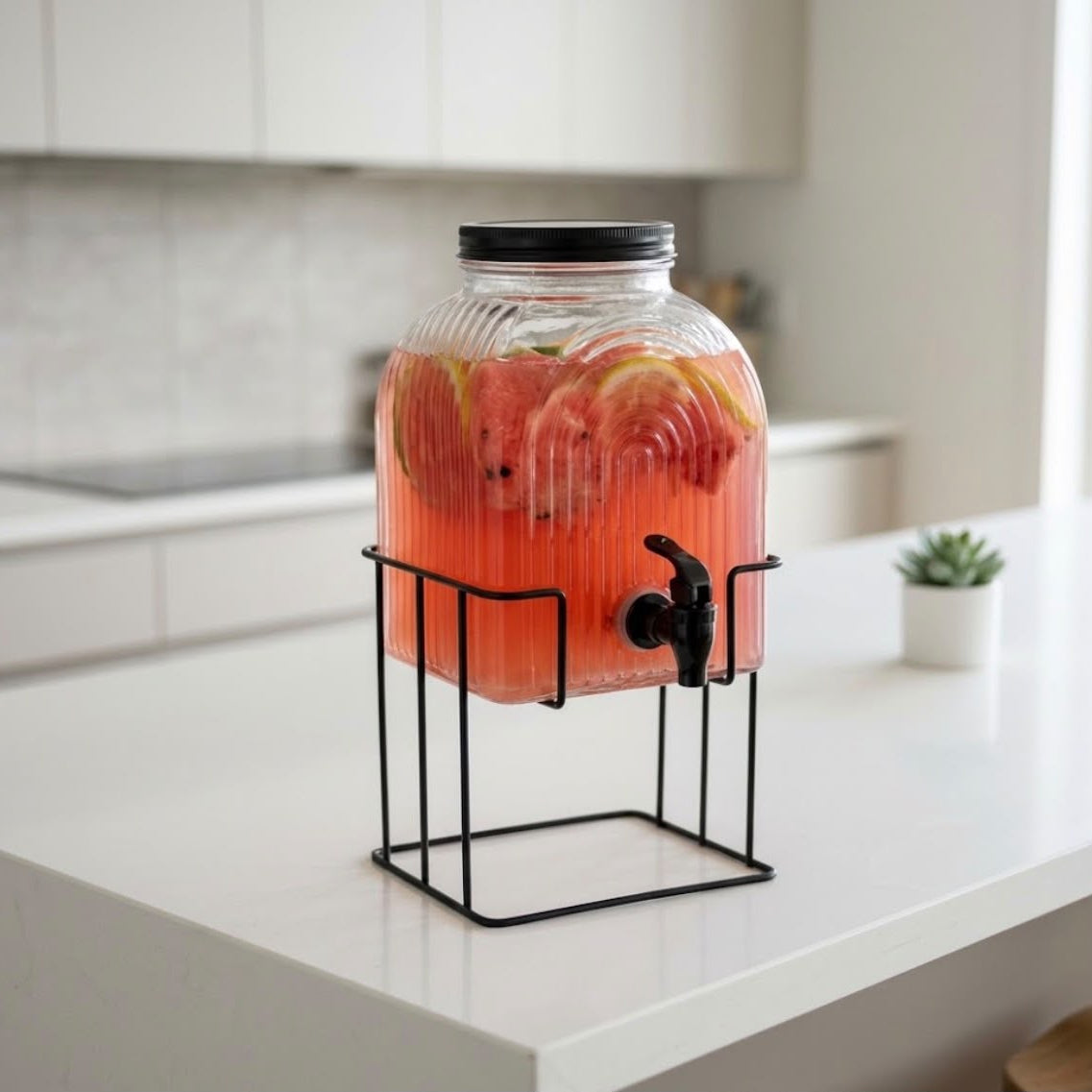 5.7L Glass Juice Dispenser with Metallic Stand and Lid