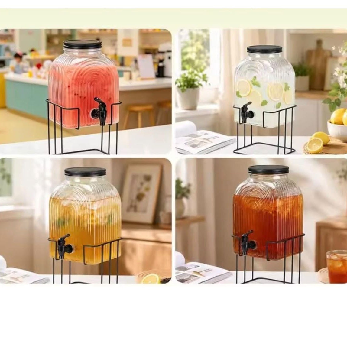 5.7L Glass Juice Dispenser with Metallic Stand and Lid