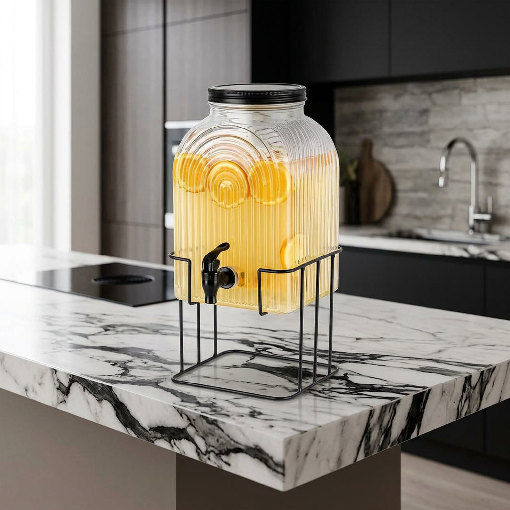 5.7L Glass Juice Dispenser with Metallic Stand and Lid