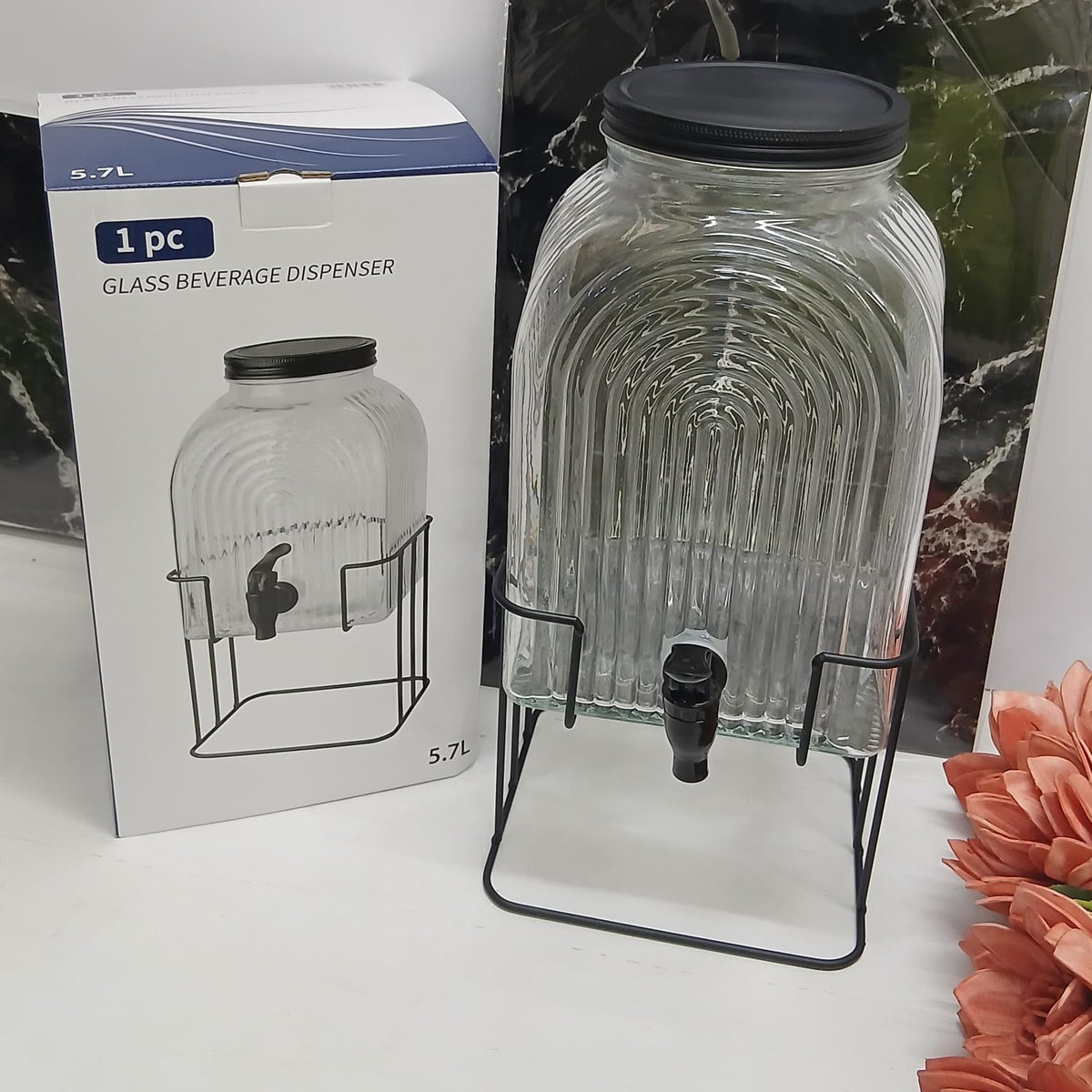 5.7L Glass Juice Dispenser with Metallic Stand and Lid