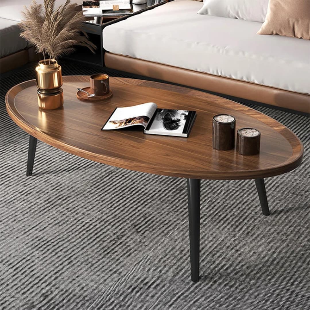 Oval Wooden Coffee Table with Solid Wood Legs 80 × 55 × 38cm