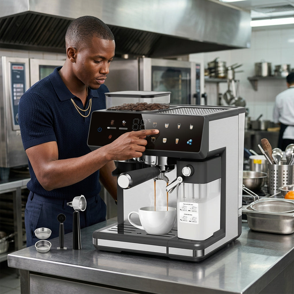 3-in-1 Espresso Coffee Maker with Built-In Grinder and Milk Frother