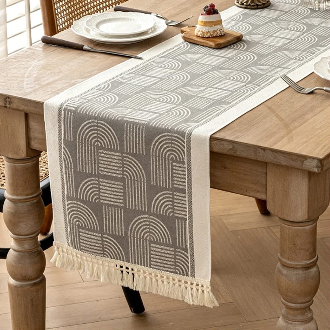 Geometric Jacquard Table Runner with Tassels 35 × 240cm
