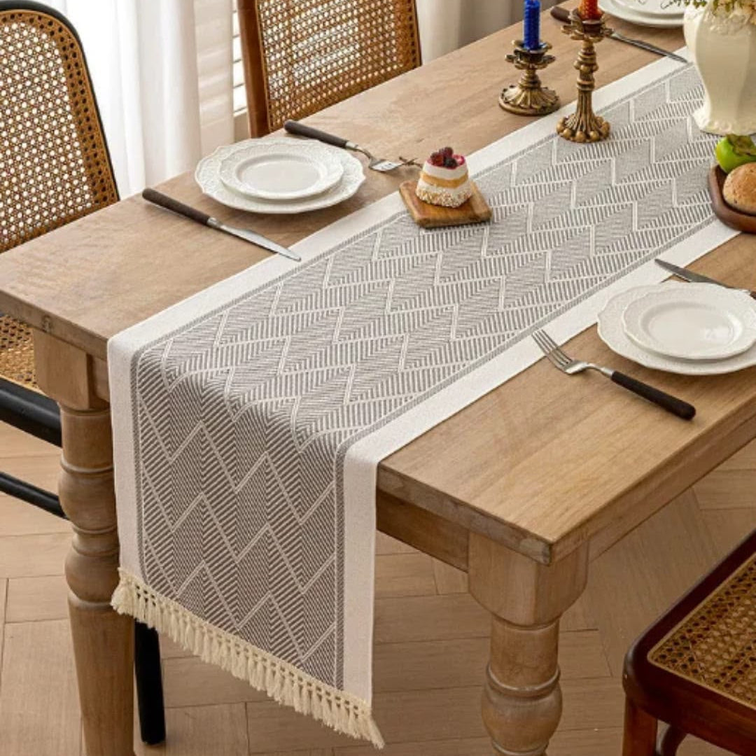 Geometric Jacquard Table Runner with Tassels 35 × 240cm